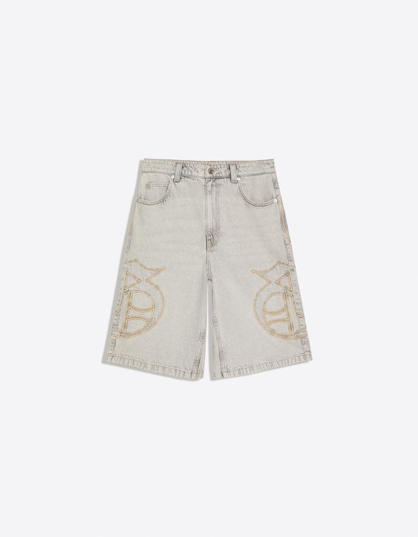 Denim shorts with patches-Grey
