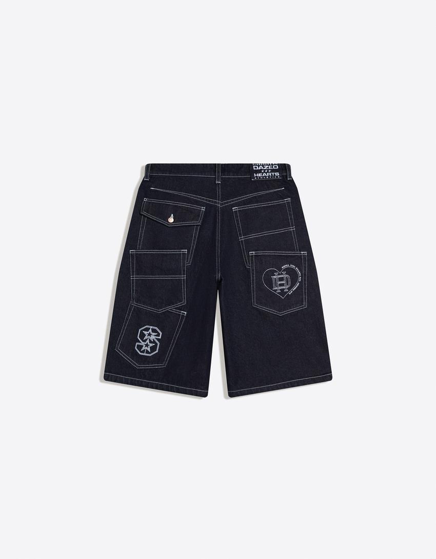 Contrast denim skater Bermuda shorts-Navy