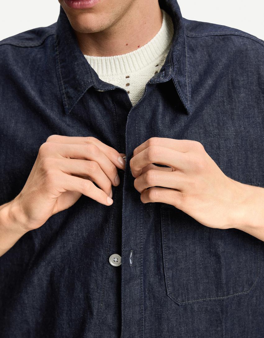 Kısa kollu denim gömlek-Denizci mavisi-2