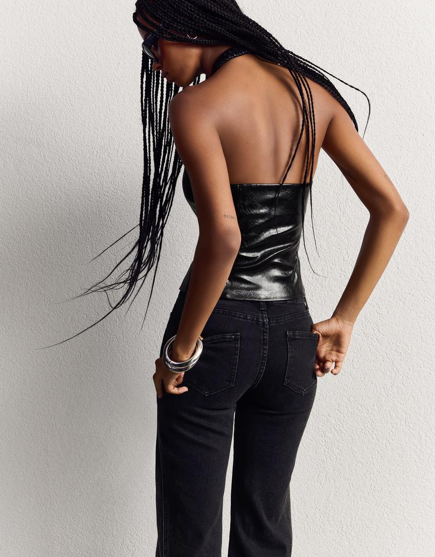 Leather effect halter top with zip-Black-1