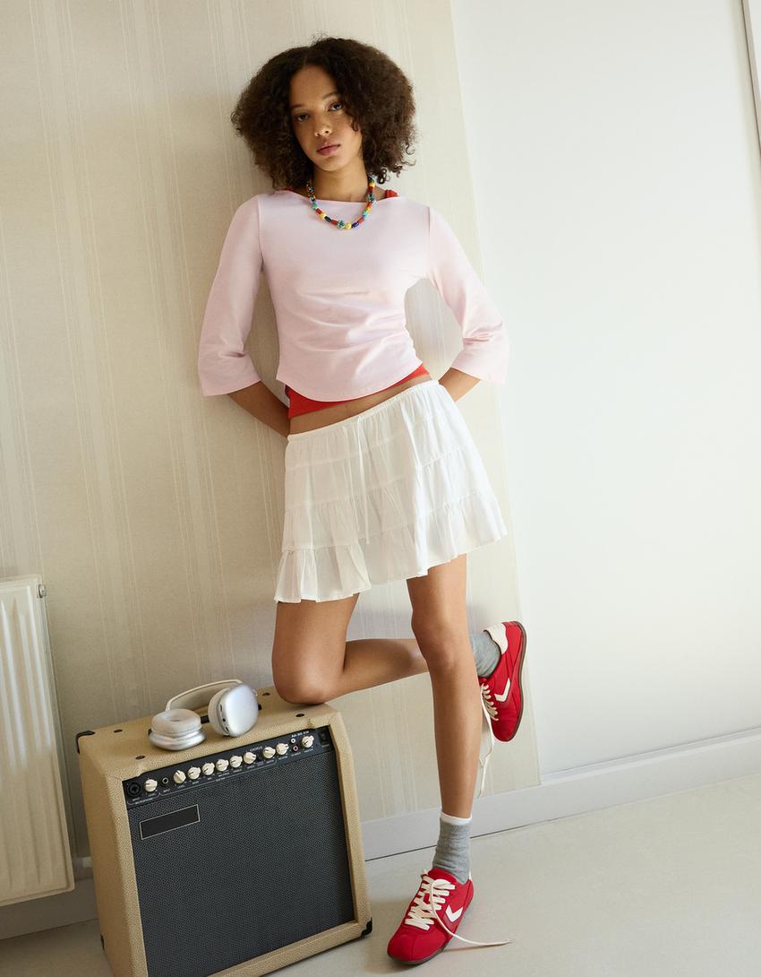 T-shirt met boothals-Roos