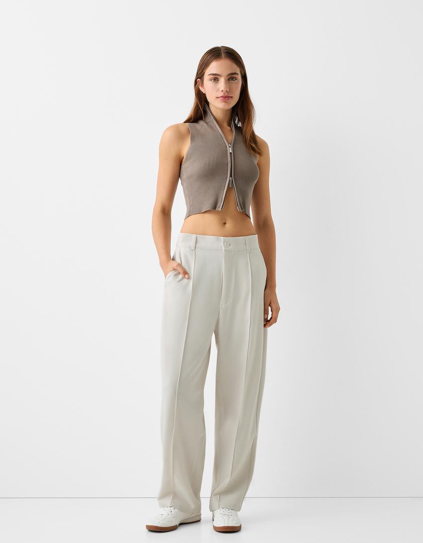 Calças tailored fit baggy-Areia-4