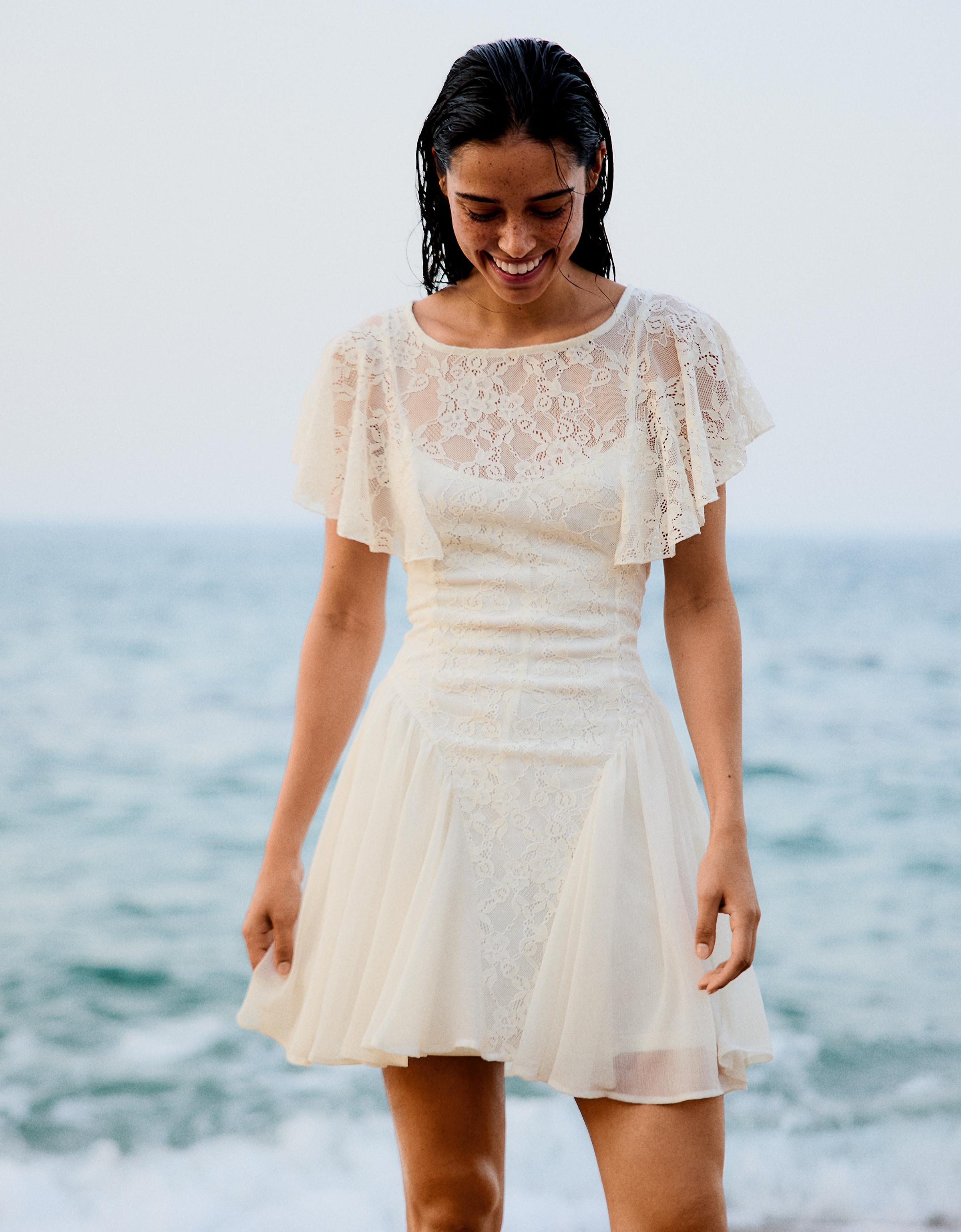 Bershka Vestido Mini Manga Capa Mujer L Crudo