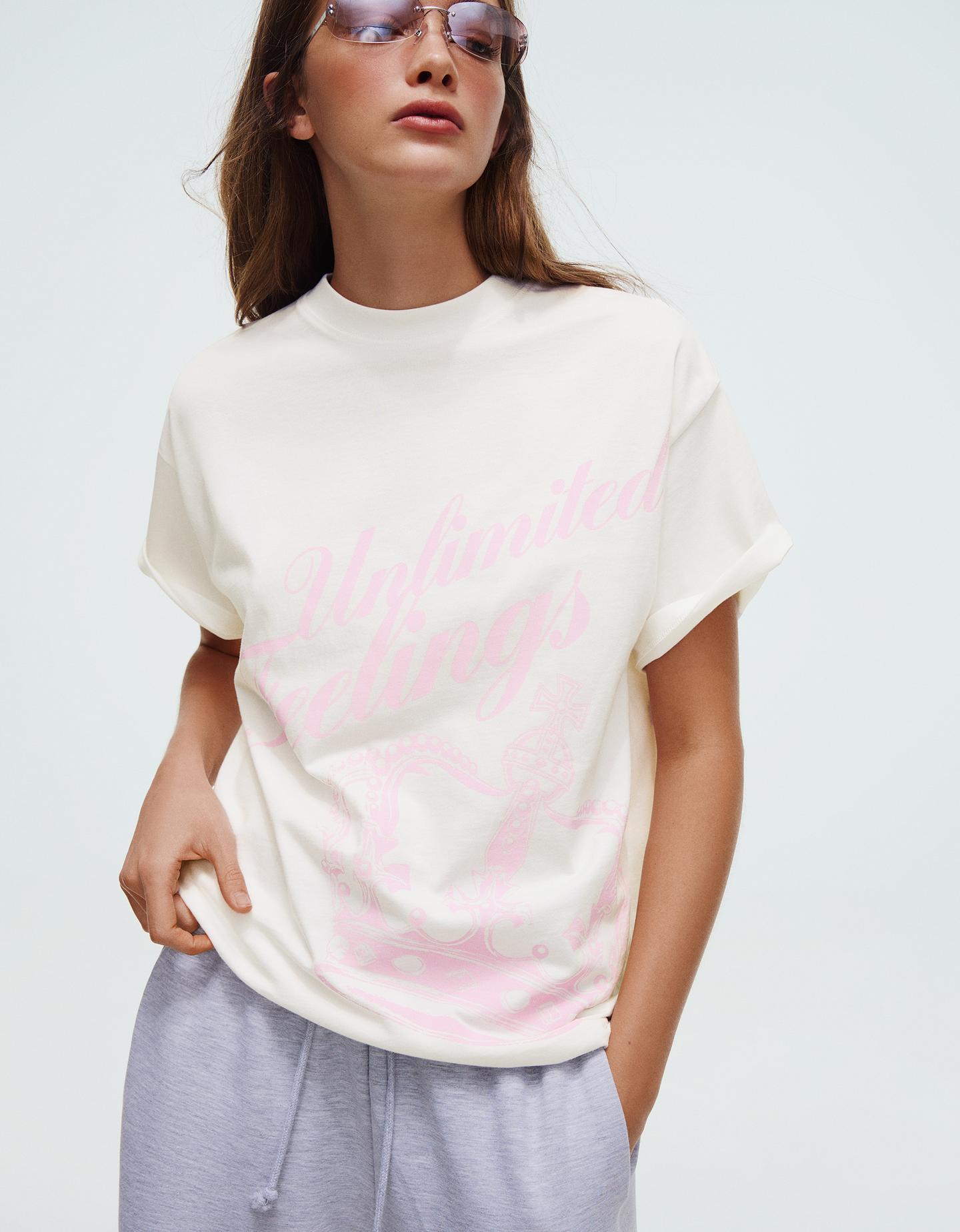 Bershka Maglietta A Maniche Corte Stampa Donna Xs Bianco Roto