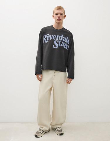 Printed plush round neck sweatshirt — Navy 1