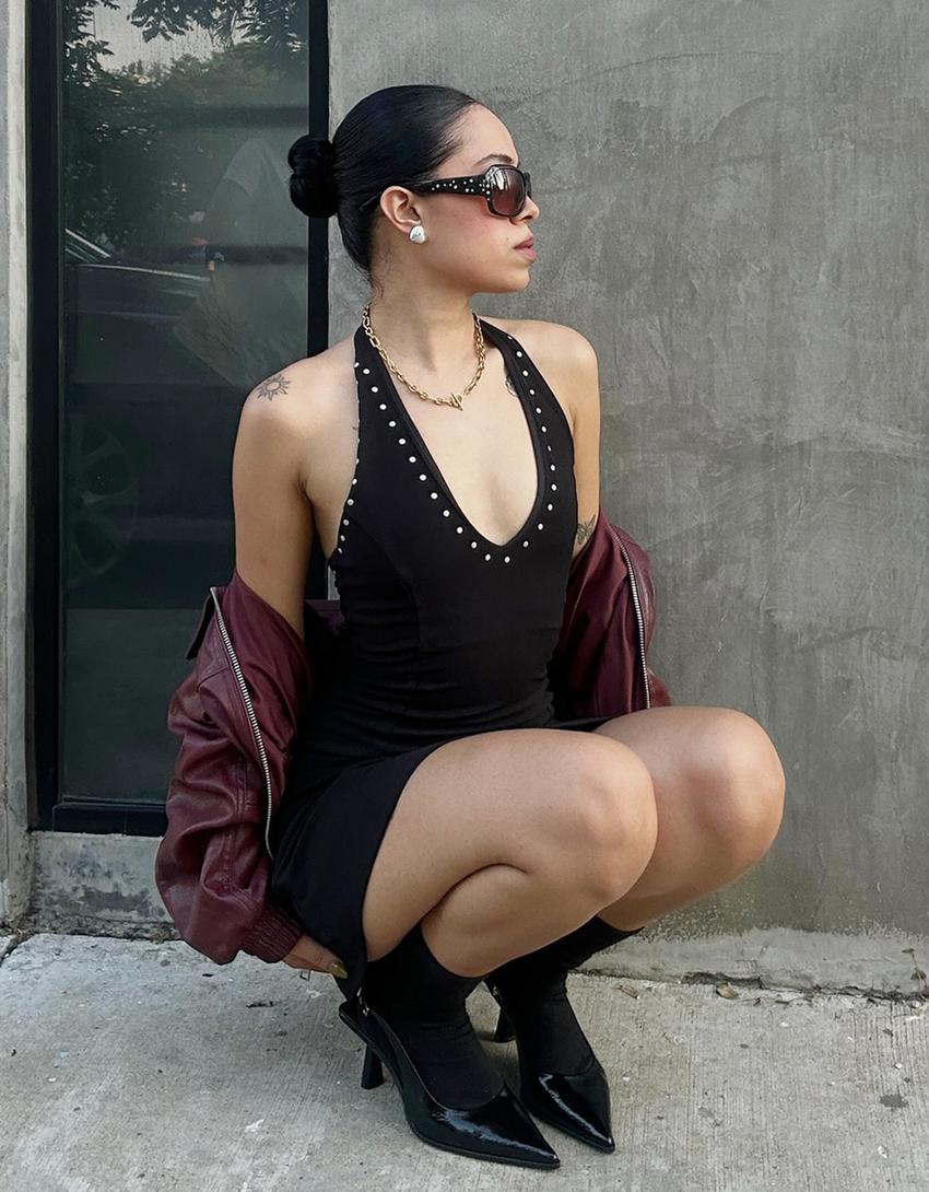 Studded halter mini dress-Black