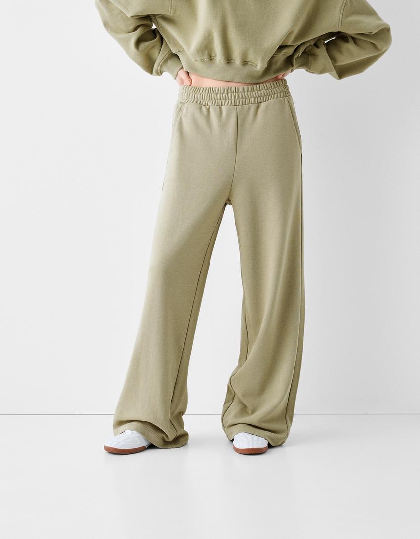 Wide leg pamuklu pantolon-Haki-3