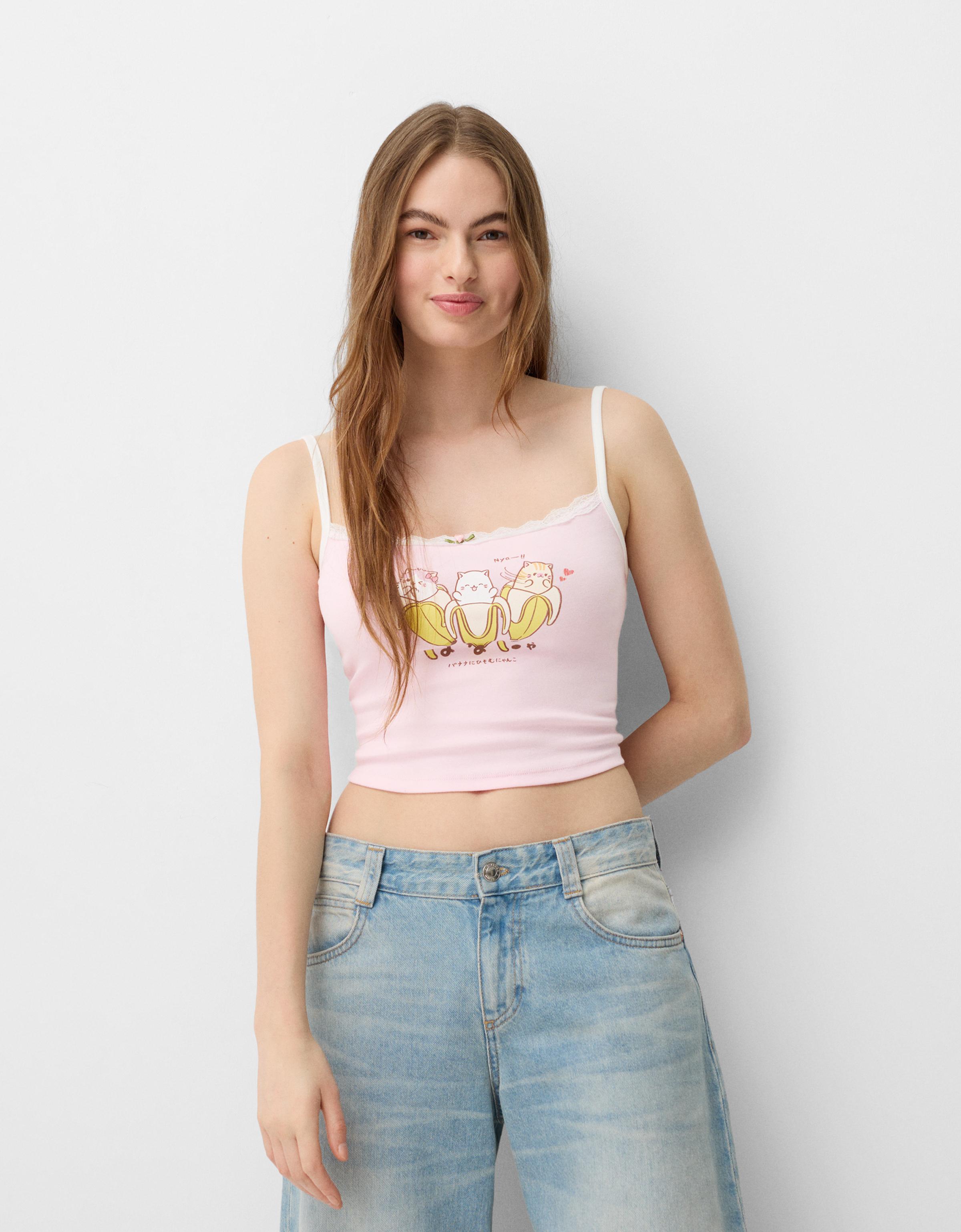 Bershka Top Bananya Mit Print Damen Xs Rosa