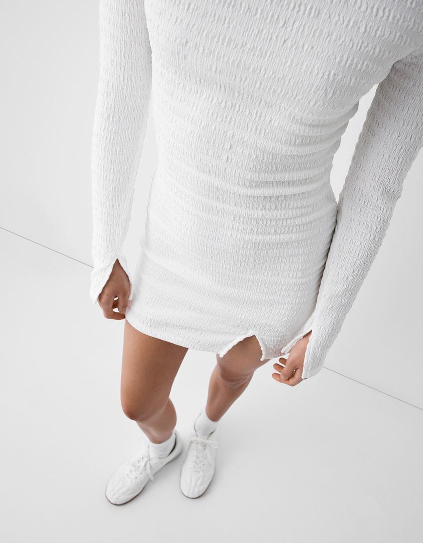 Waffle-knit long sleeve mini dress-Cream