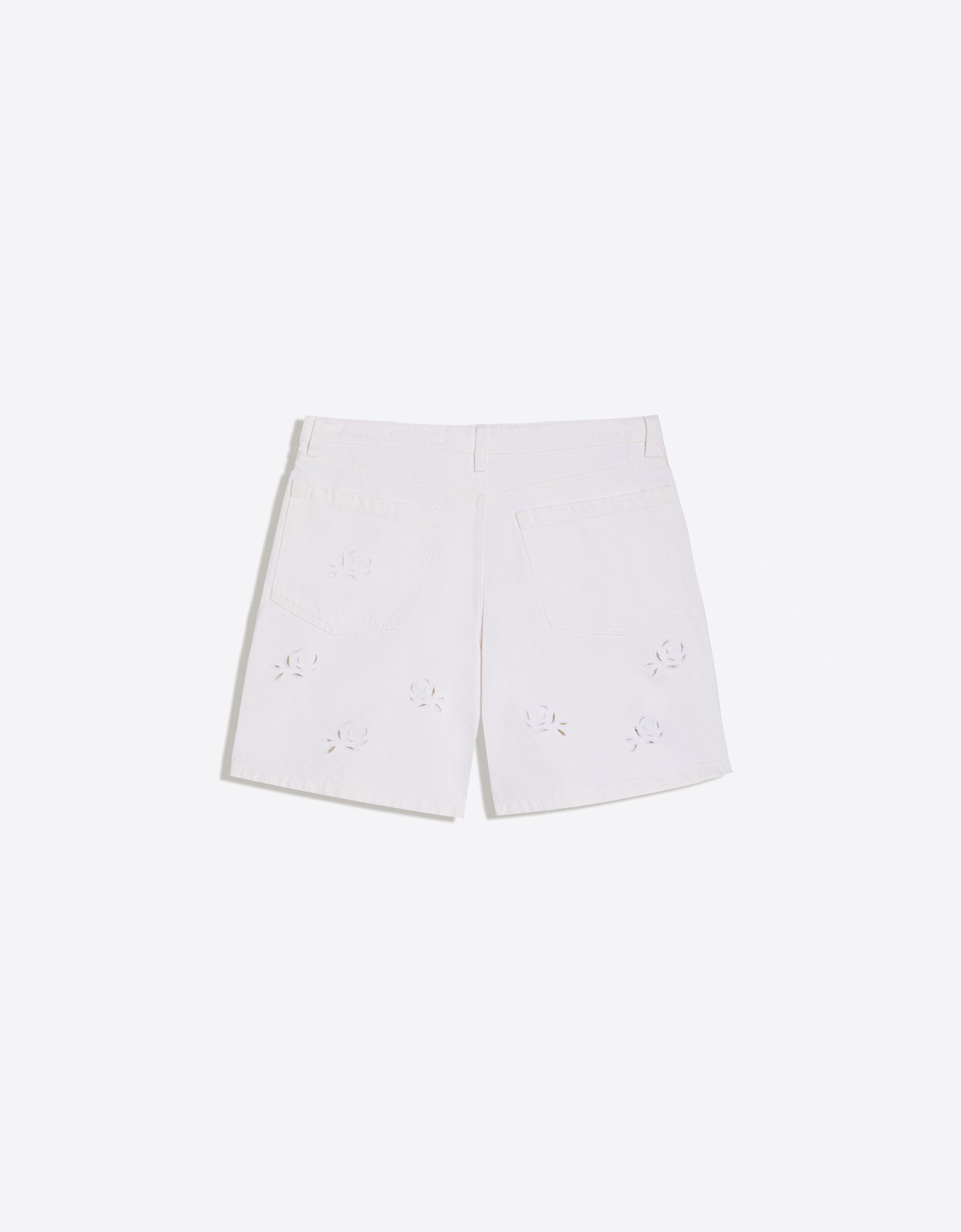 Embroidered baggy denim Bermuda shorts — Cream