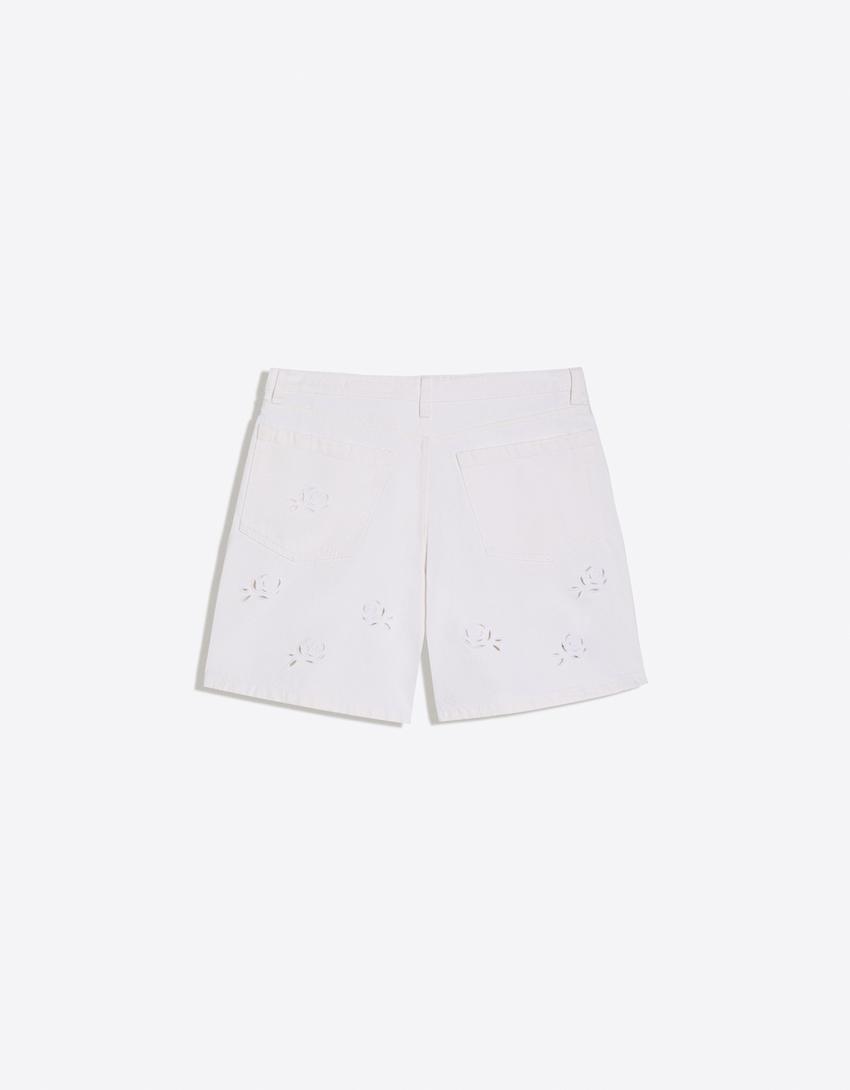 Bermuda denim baggy brodée-Écru