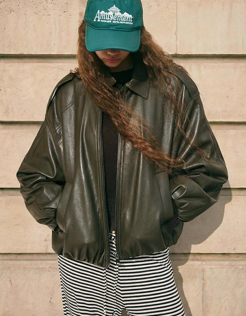 Faux leather balloon jacket-Khaki