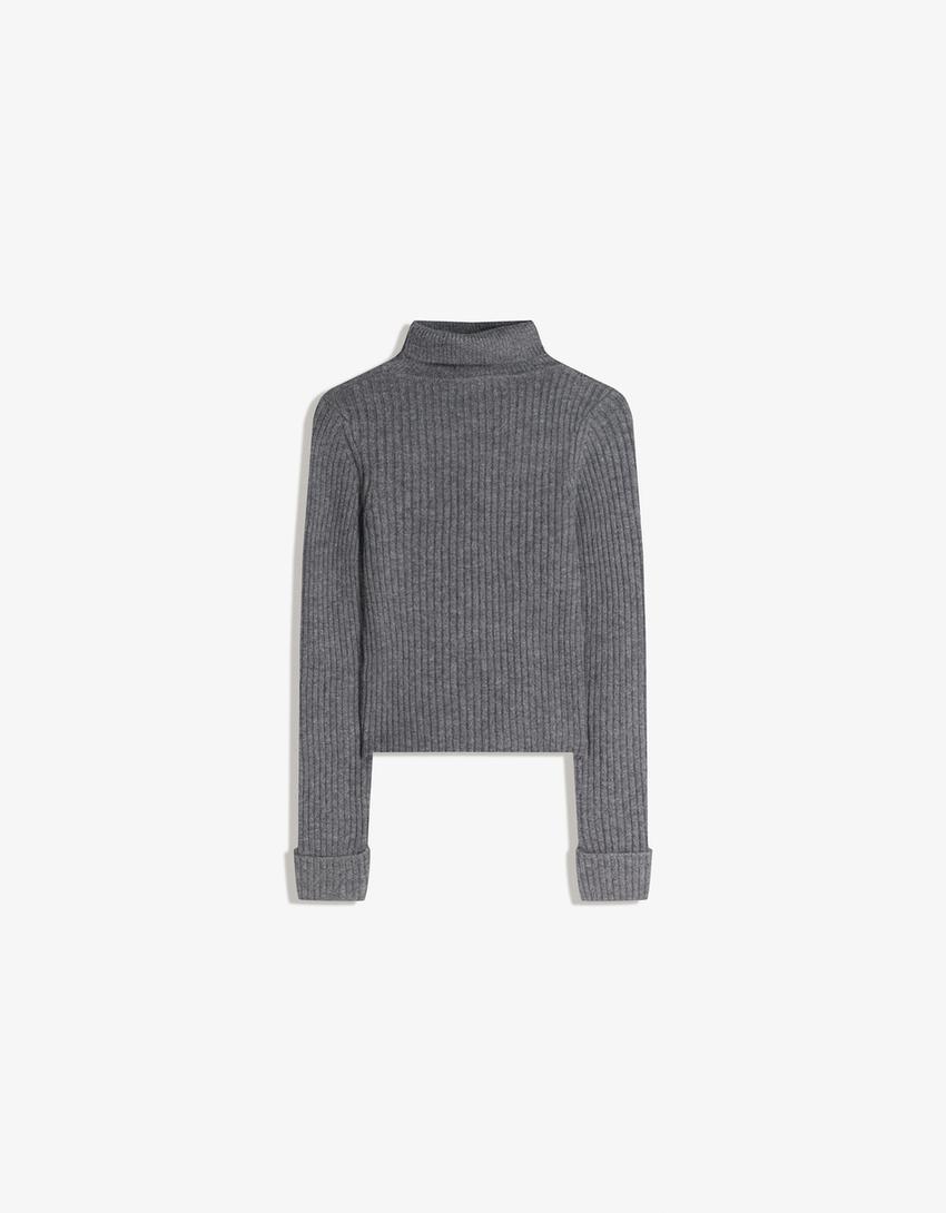 Jersey cuello alto canalé-Gris oscuro