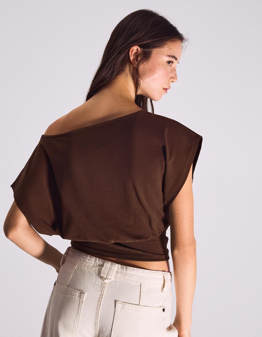 Asymmetrisches T-Shirt mit Print-Braun