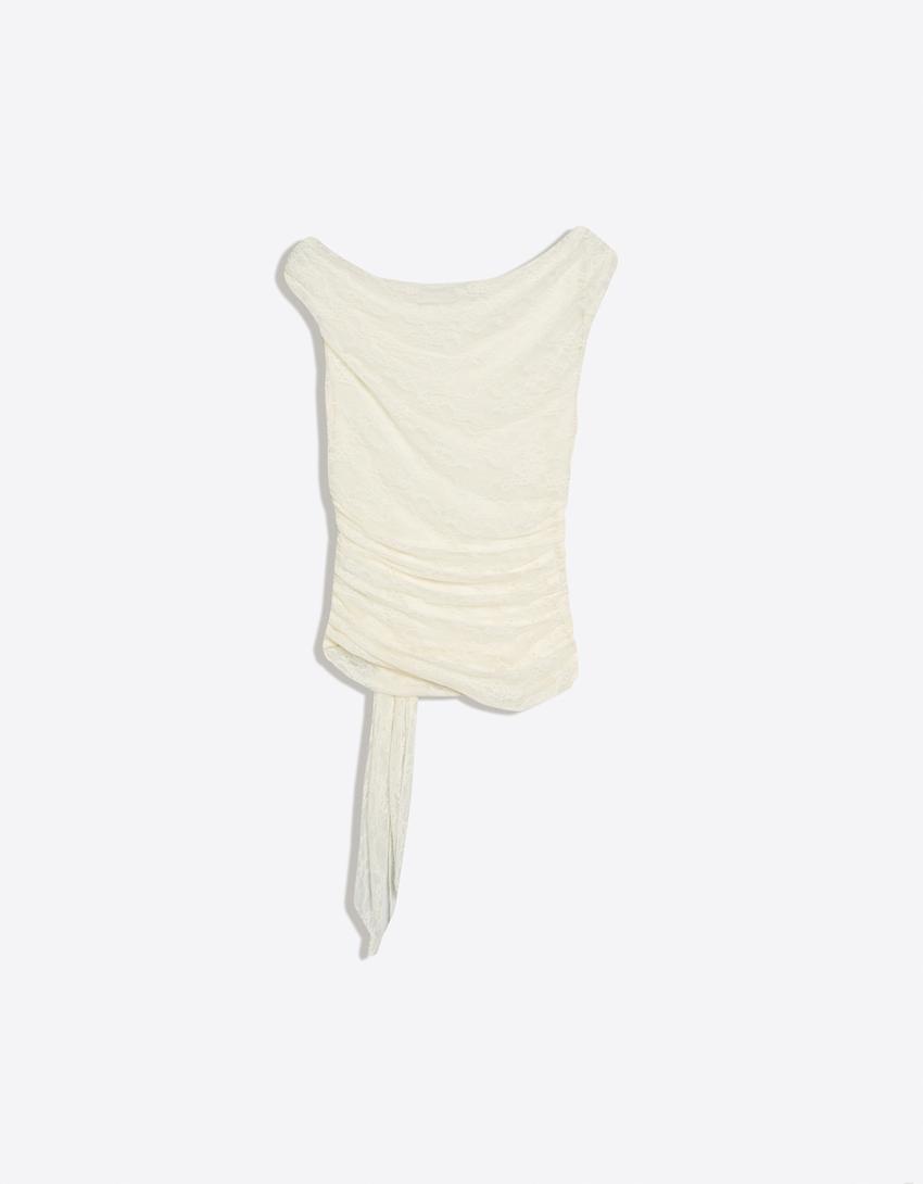Draped lace top-Cream