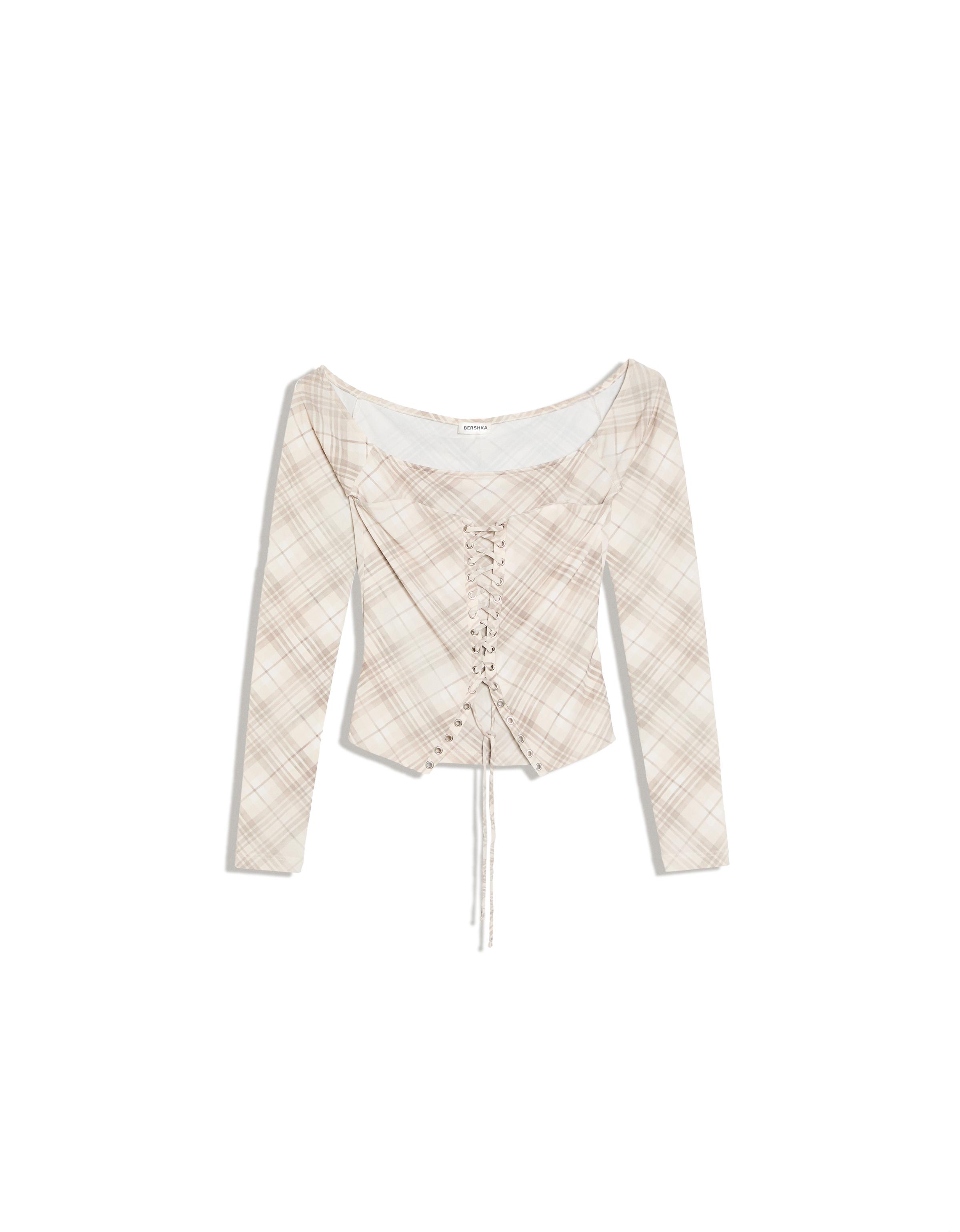 Long sleeve corset lace-up T-shirt — Beige