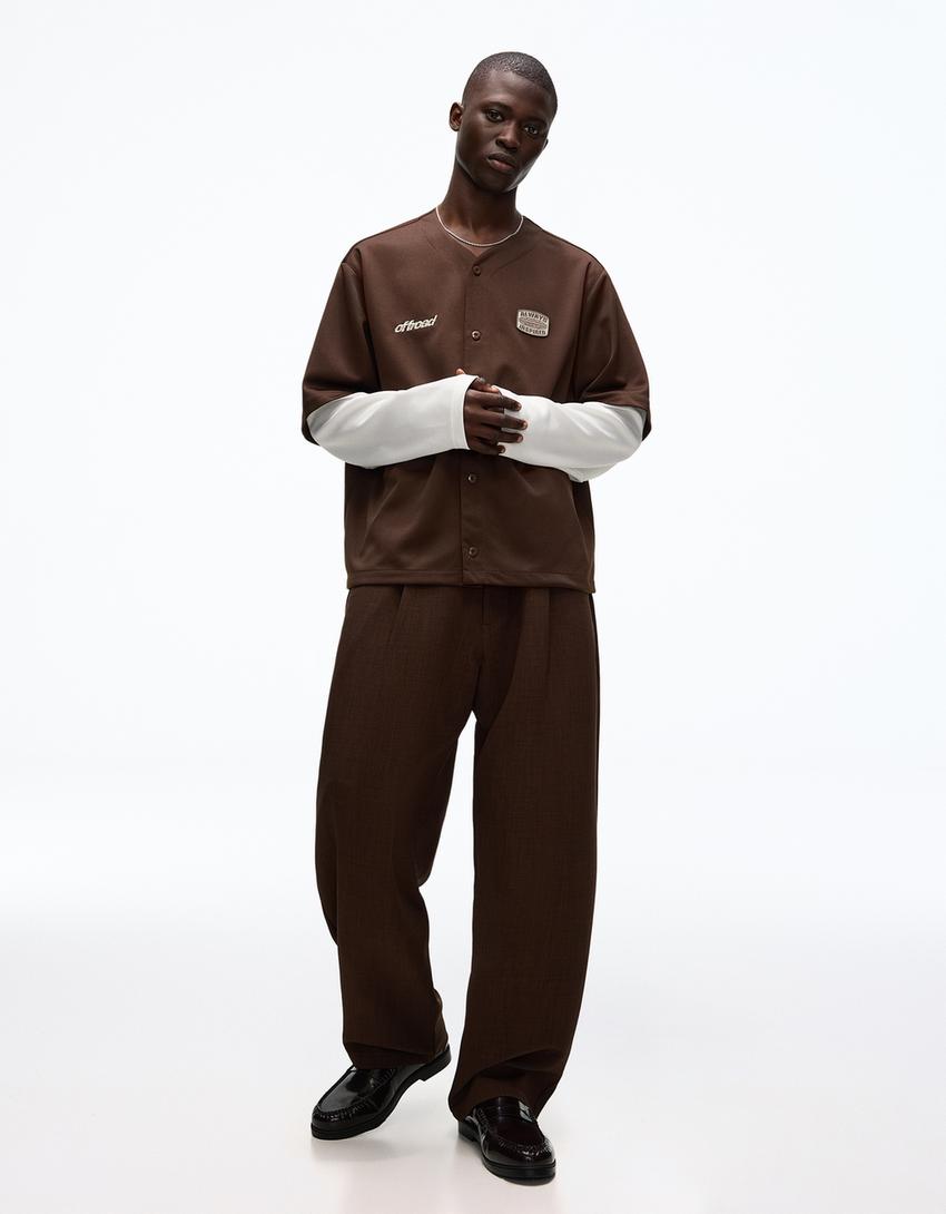 Embroidered double sleeve boxy shirt-Brown