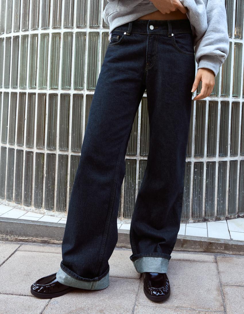 Jeans straight fit vita media con risvolto-Marino