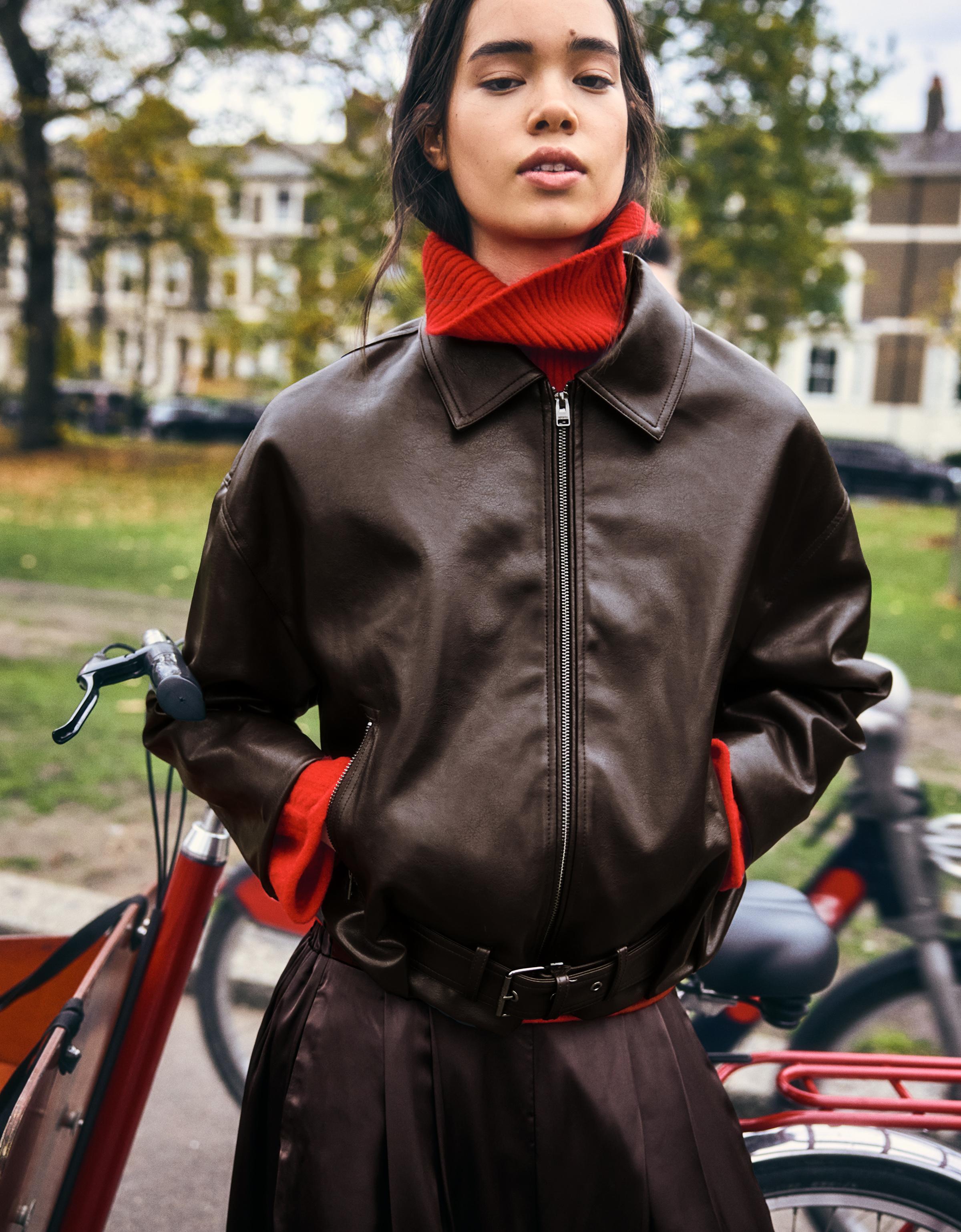 Leather effect bomber jacket with belt — Brown