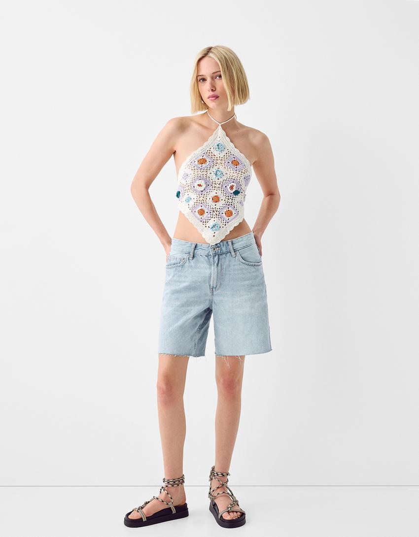 توب كروشيه بياقة هالتر-أبيض مطفي-3