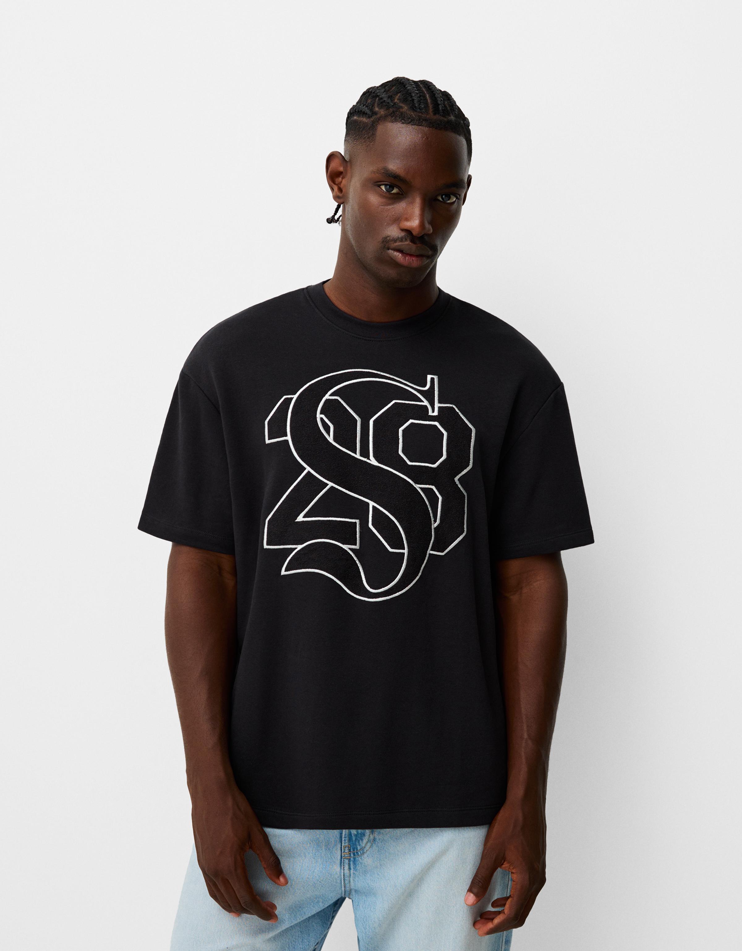 Bershka Plüsch-T-Shirt Herren S Schwarz