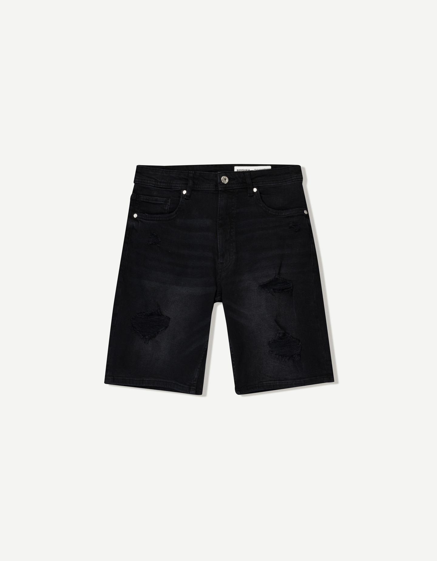 Bershka bermudy jeansowe z przetarciami czarny