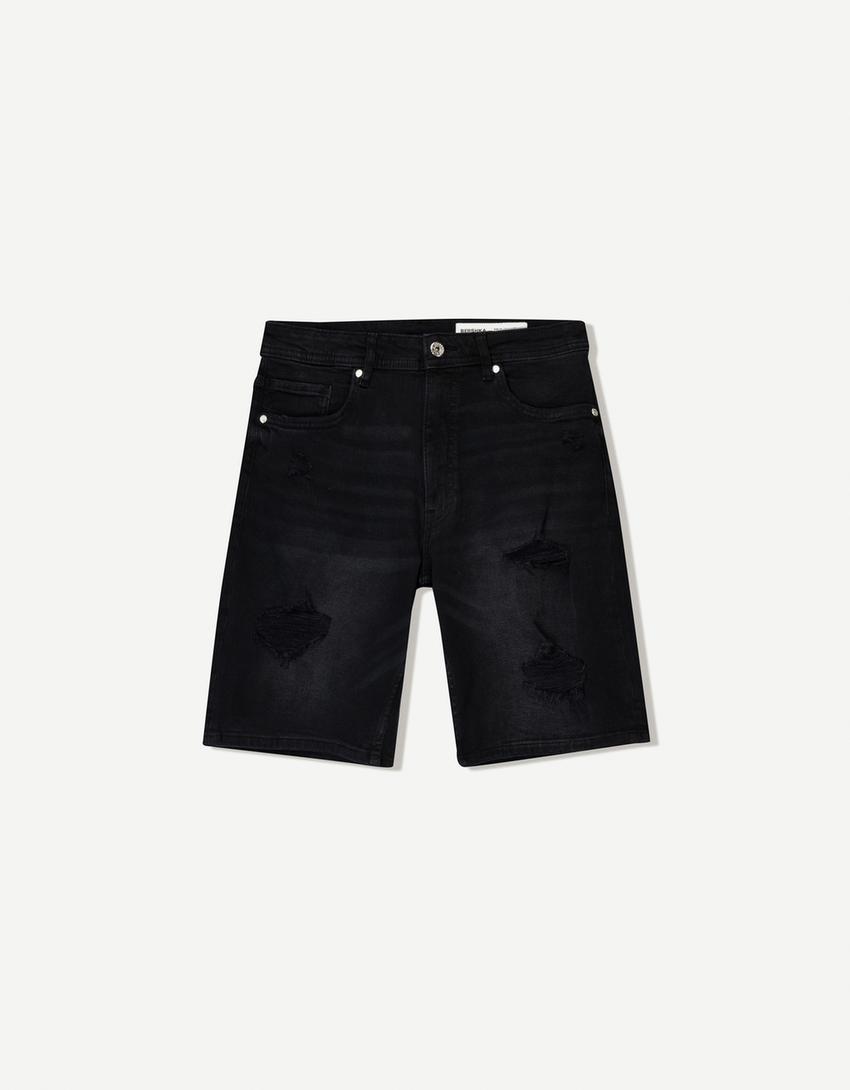 Bermuda en jean déchiré-Noir