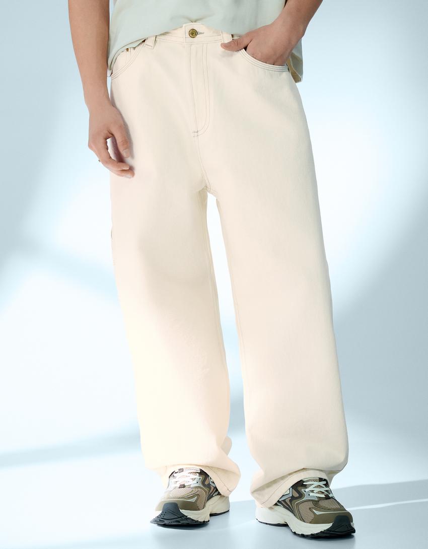 Embroidered neo barrel carpenter jeans-Cream