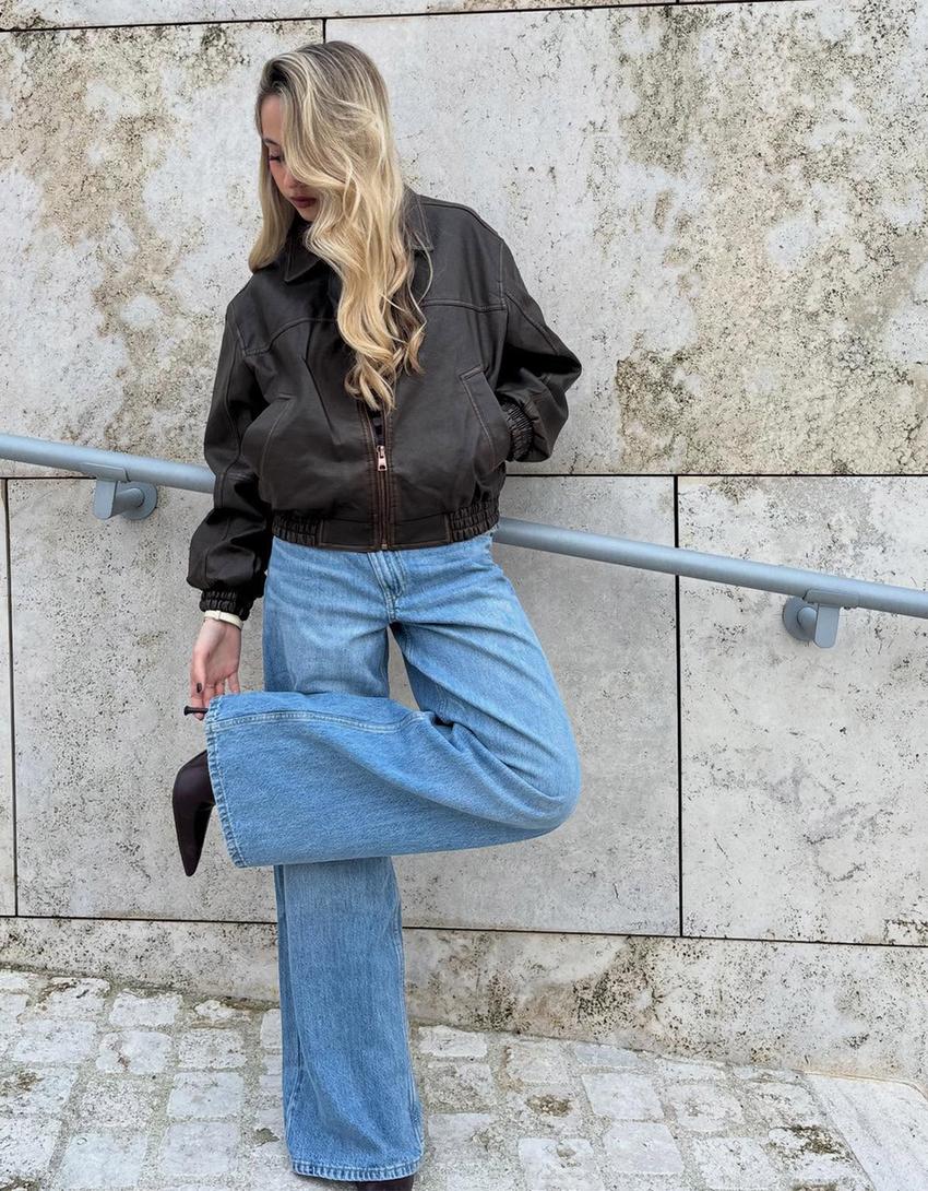 Jeans perna larga cintura subida cruzada-Azul lavado