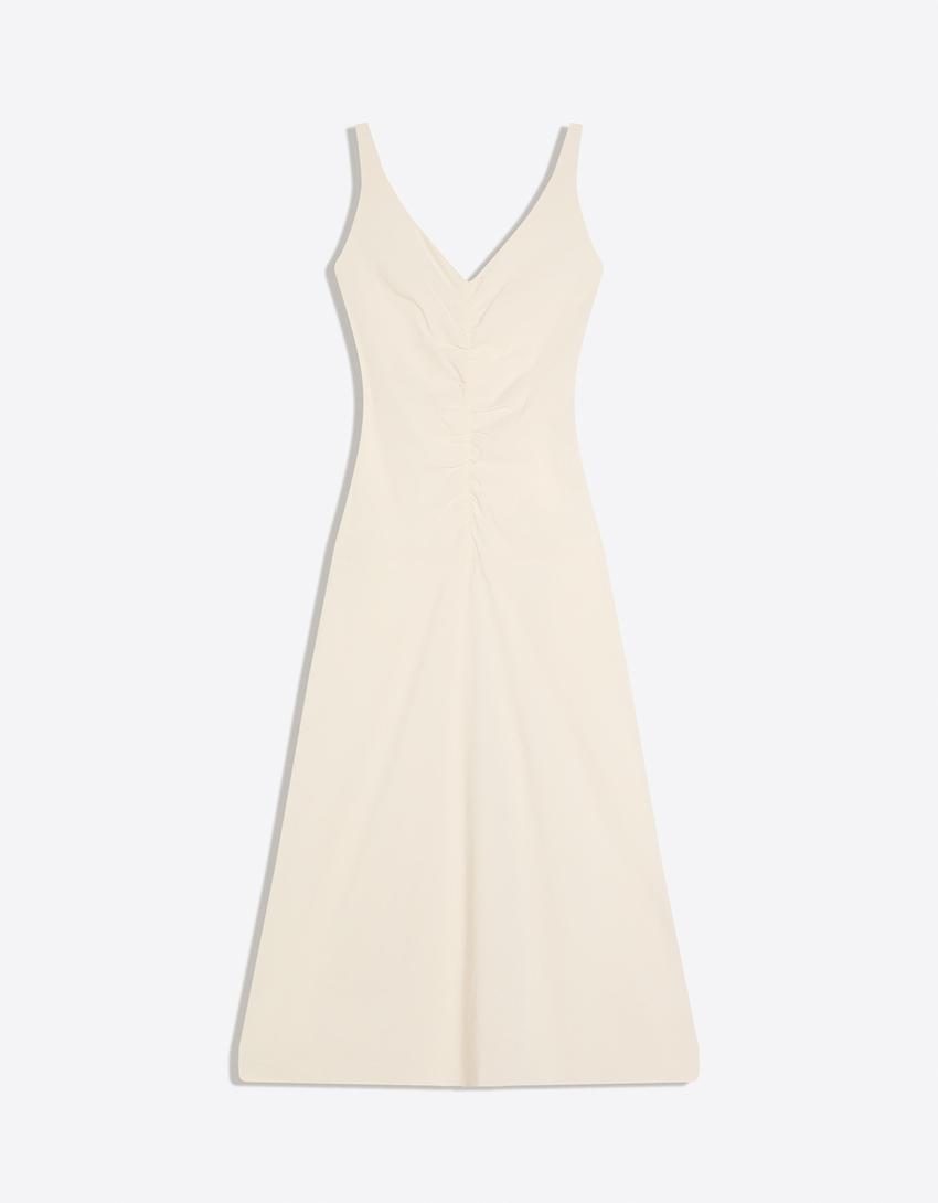 Robe midi à volants froncés-Écru
