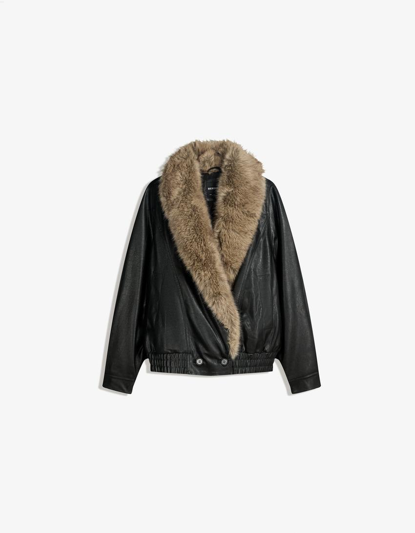 Faux leather jacket with faux fur collar-Black