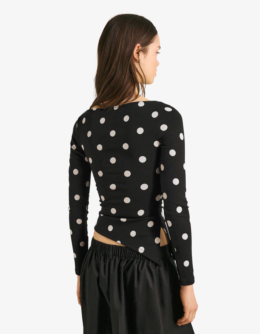 Camiseta manga larga asimétrica-Blanco / Negro