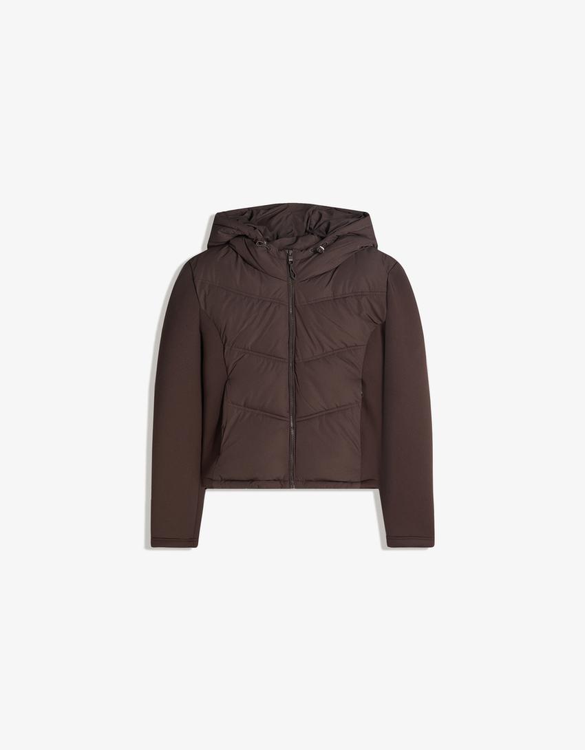 Cazadora capucha combinada efecto neopreno-Marrón