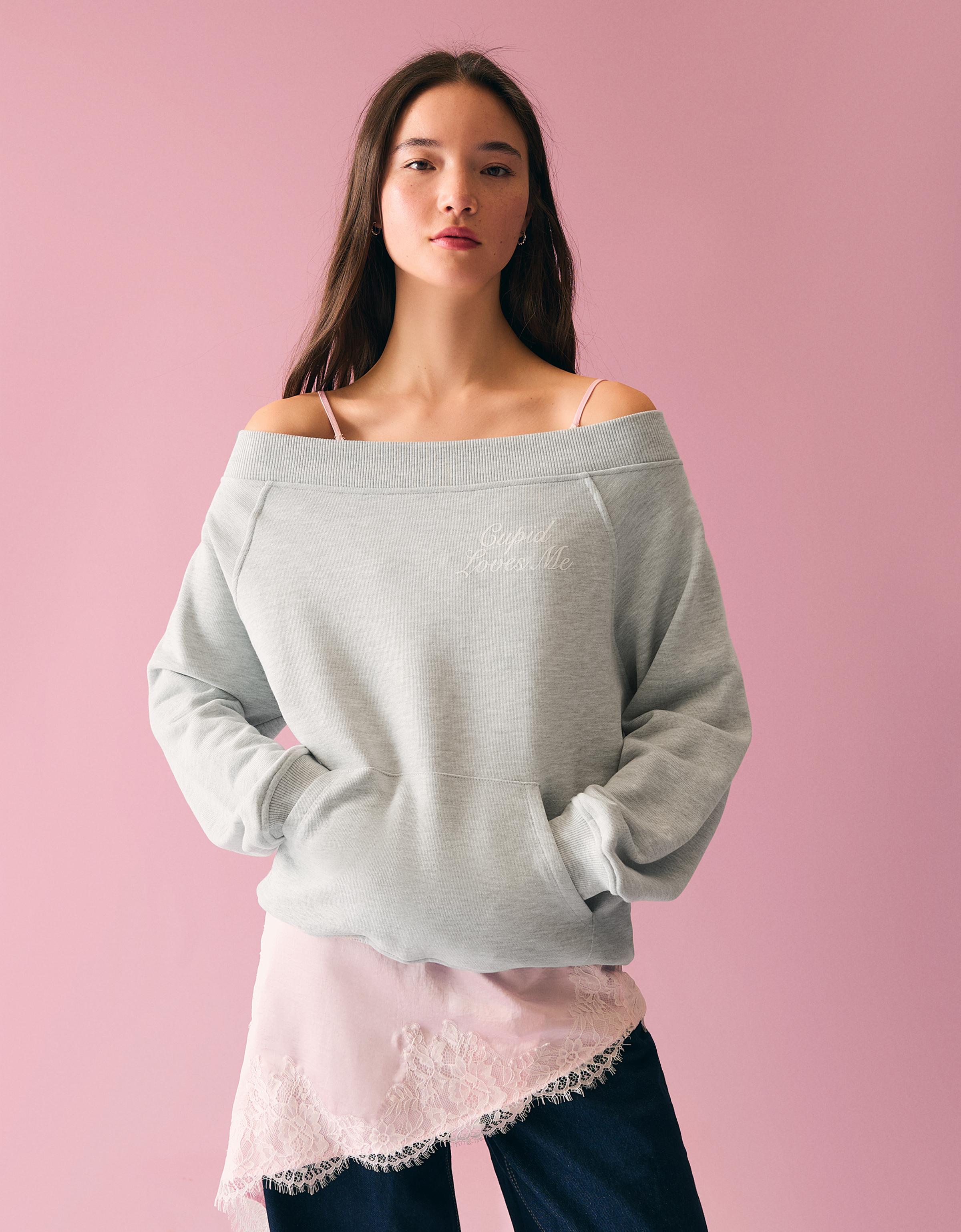 Bershka Bardot-Pullover Mit Strasssteinen Damen Xxs Grau