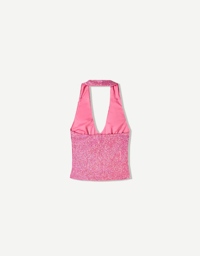 Sequinned halter neck top-Pink
