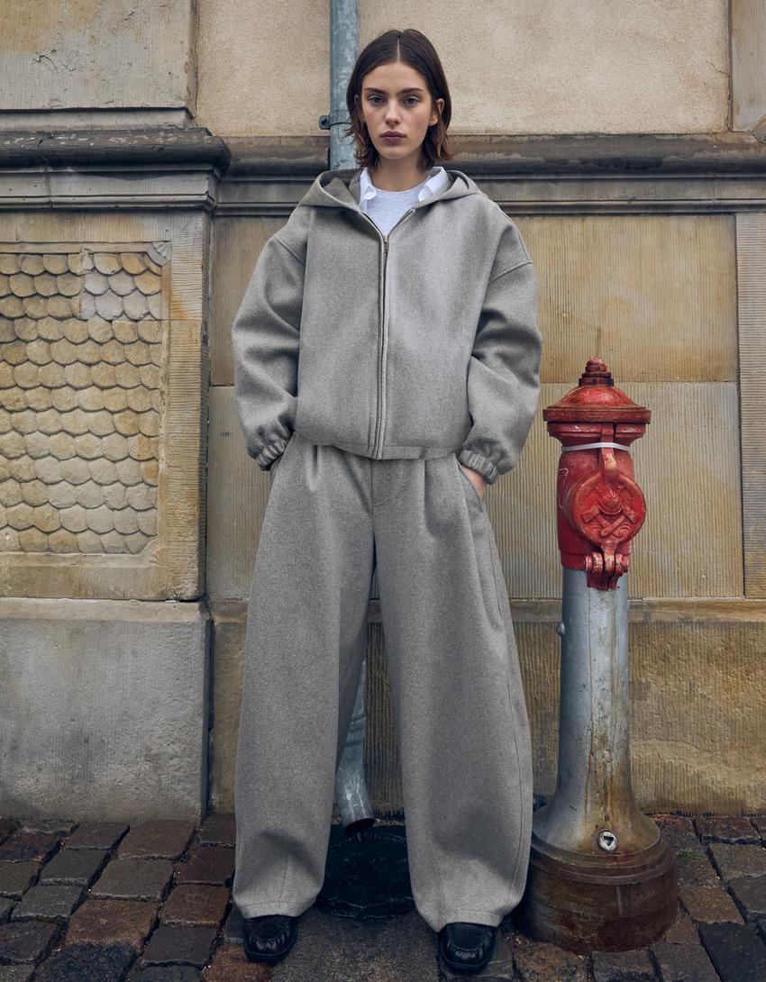 Wool-effect barrel-leg trousers-Sand