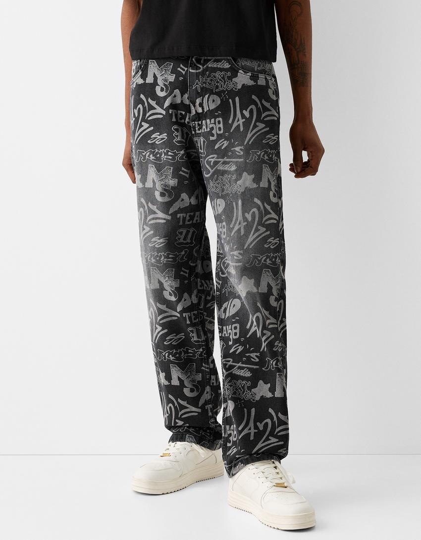 Щамповани дънки с разпусната кройка-Черно-1