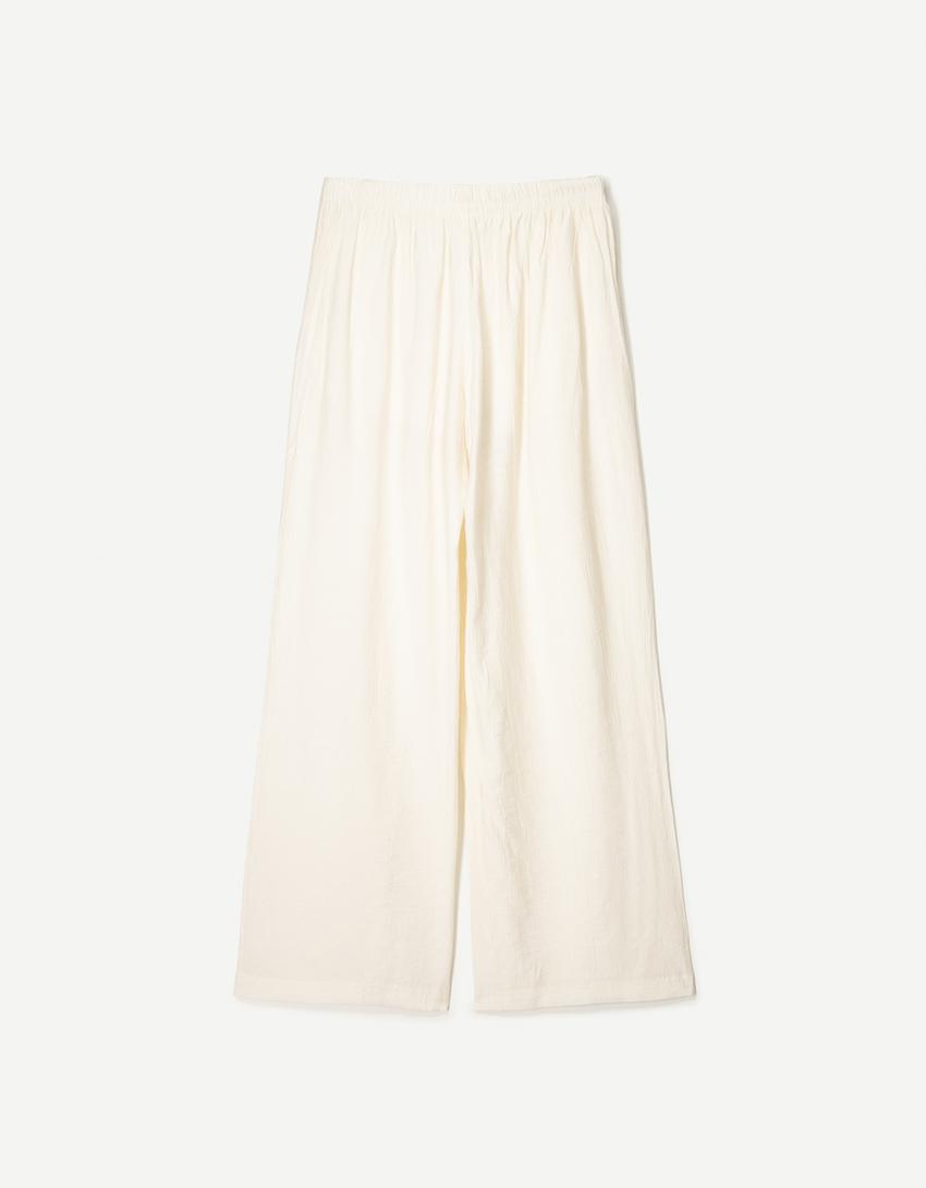 Pantalon wide leg fluide texturé cordon-Écru