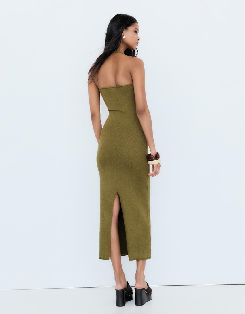 Halter neck midi dress-Khaki