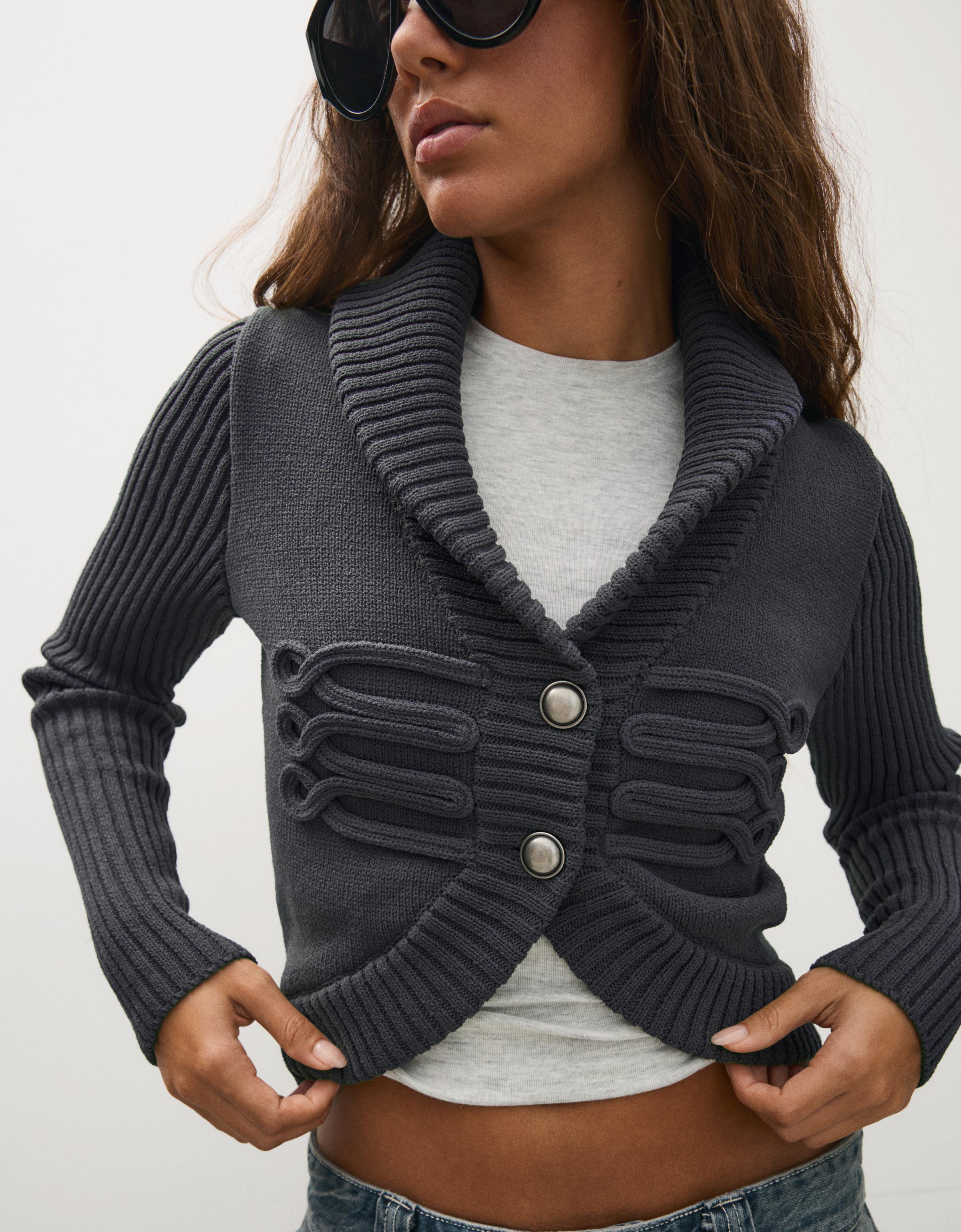 Lapel knit cardigan — Grey
