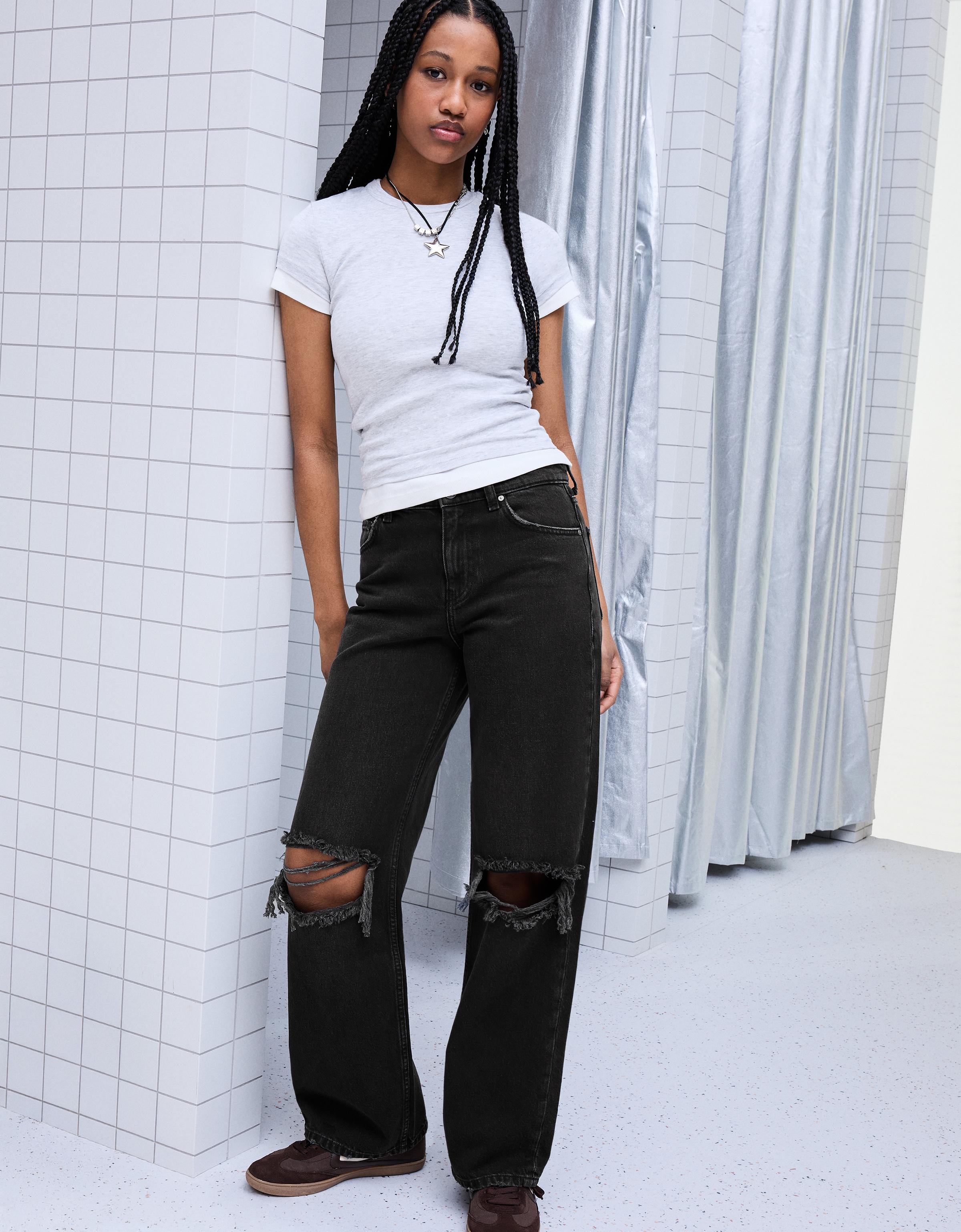 Bershka Yüksek bel distressed geniş paça jean