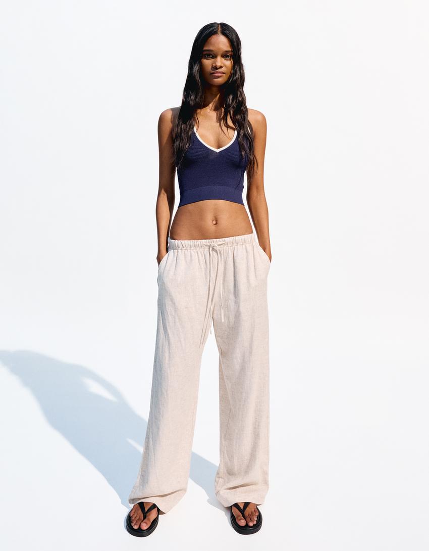 Pantalon lin taille élastique-Écru-1