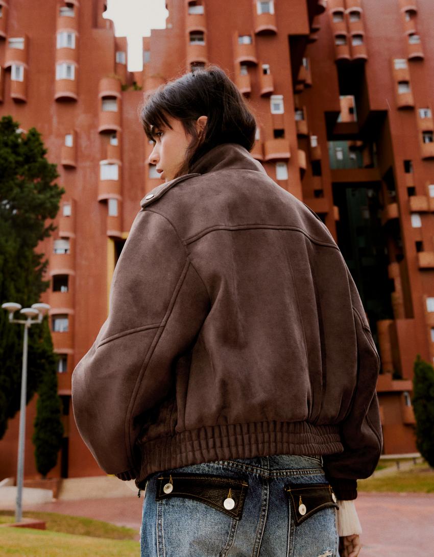 Faux suede funnel neck jacket-Brown