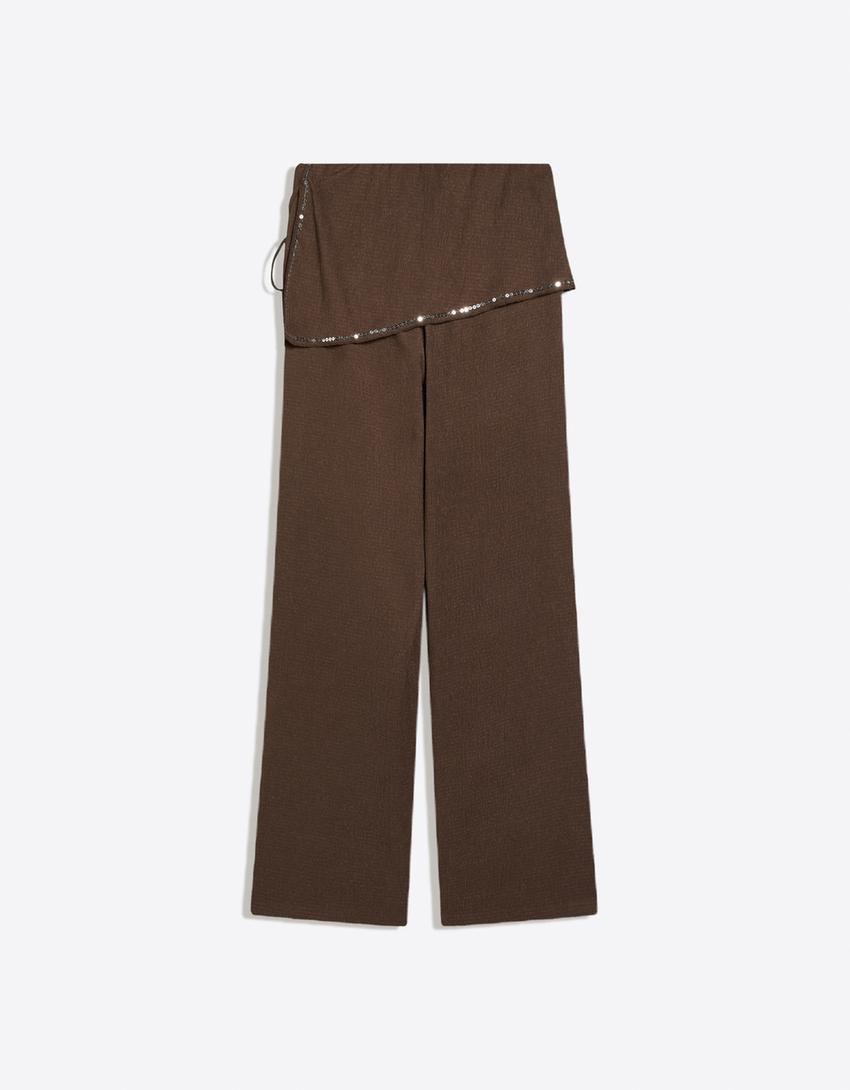 Pantalón con sobre falda lentejuelas-Marrón