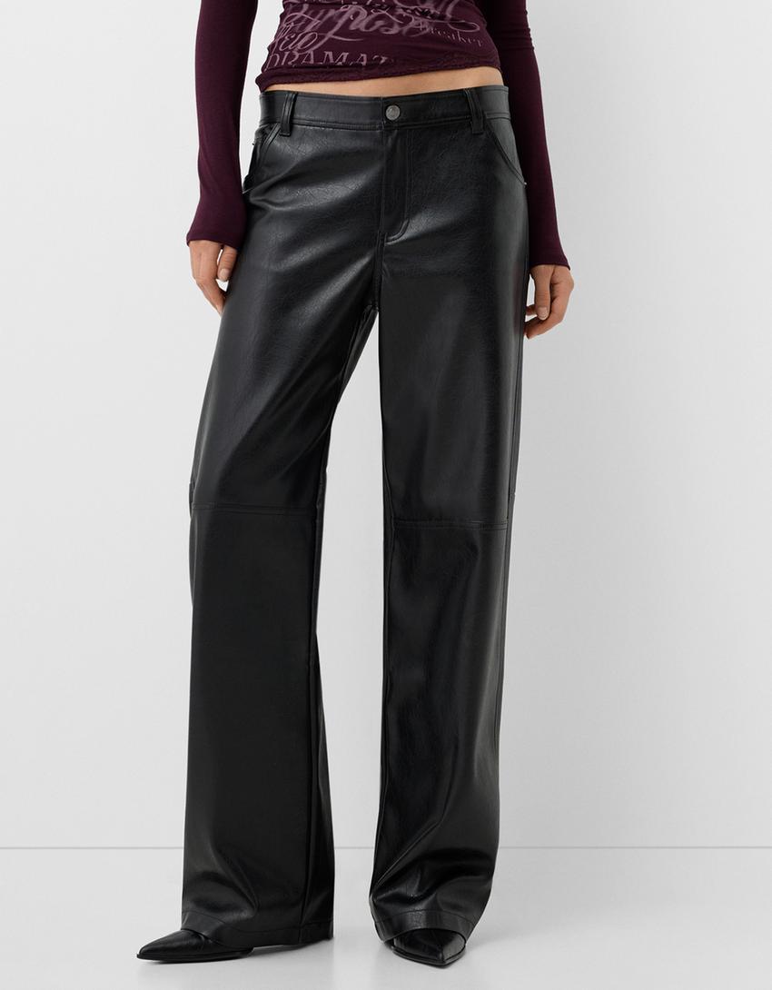Pantalon regular en similicuir-Noir-1