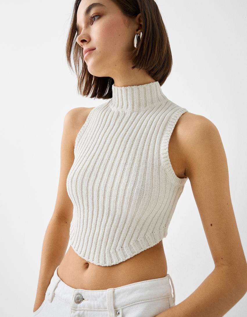 Sleeveless rustic ribbed mock turtleneck top-White