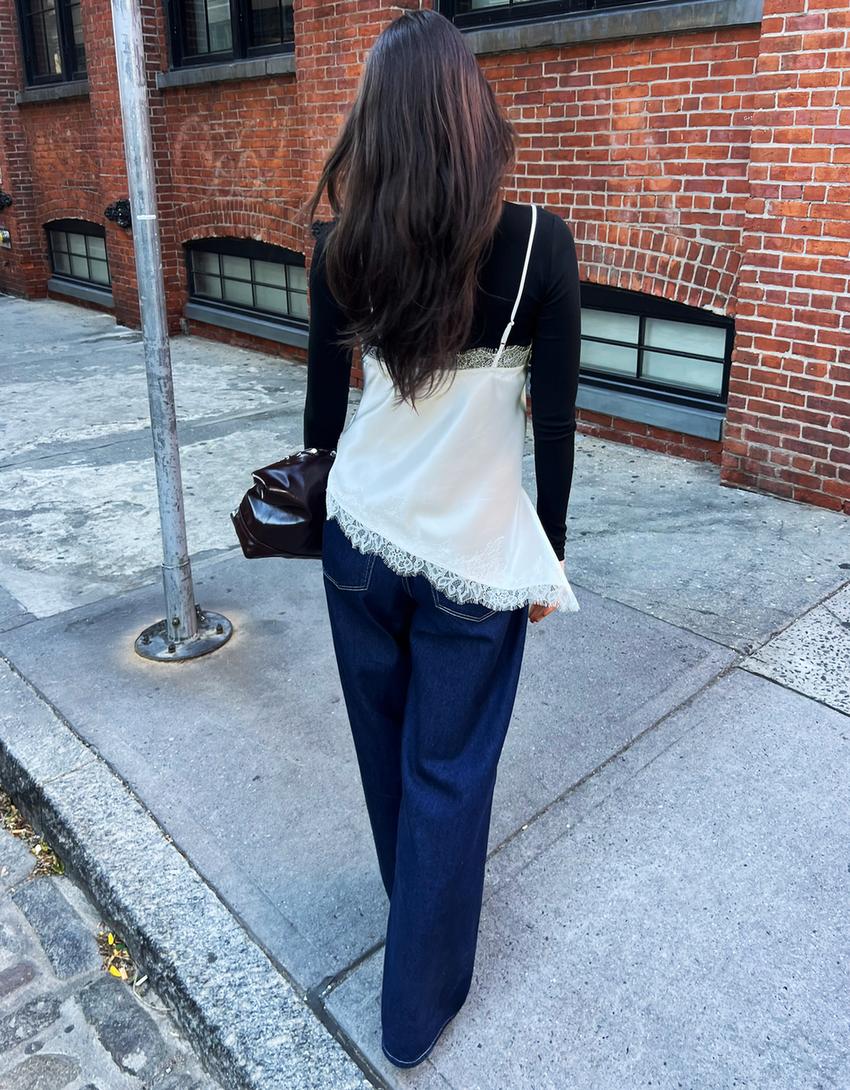 Asymmetric sateen strappy top-Cream