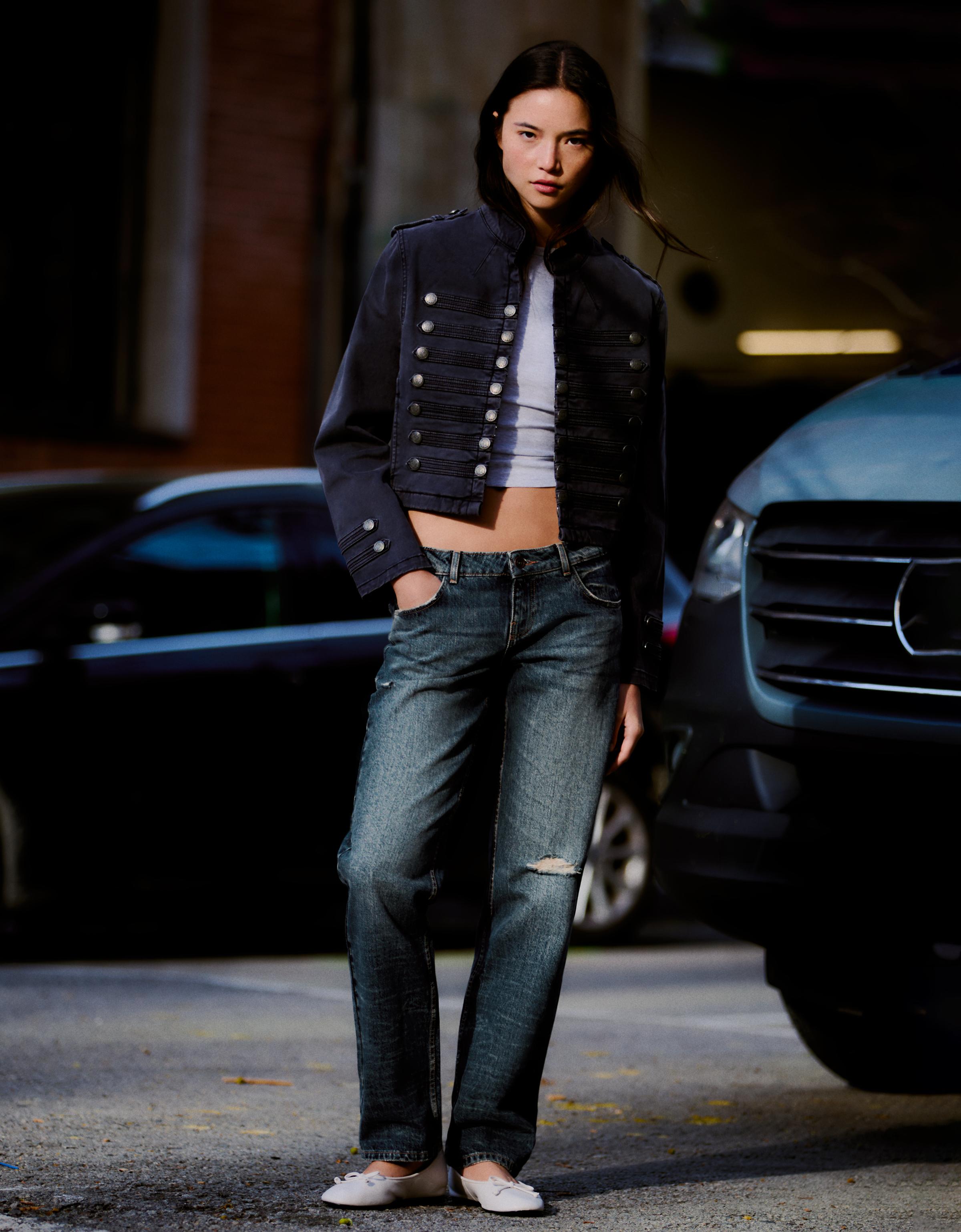 Distressed düşük bel straight fit jean - Görsel 16