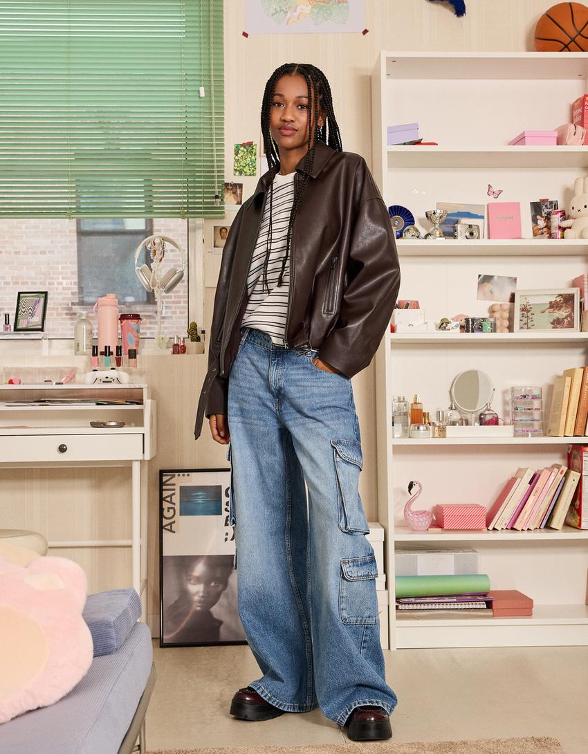 Jeans wide leg cargo-Azul lavado