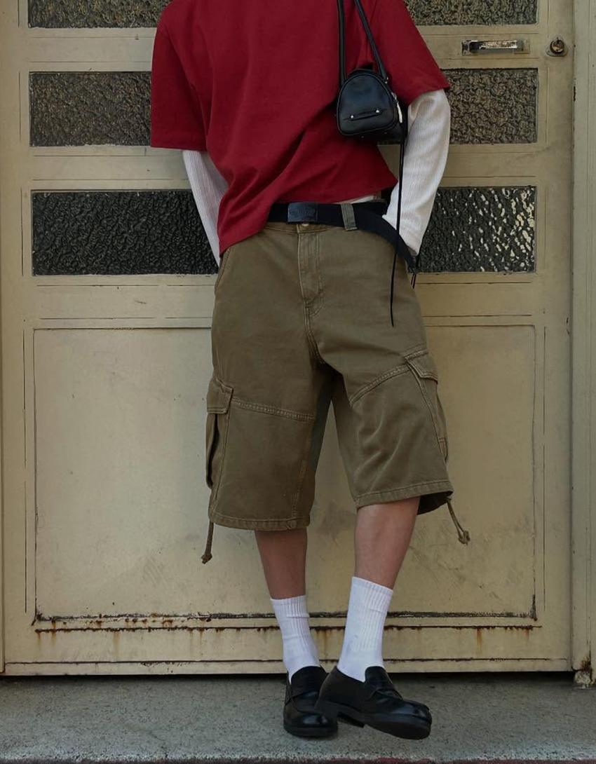 Denim parachute cargo Bermuda shorts-Khaki